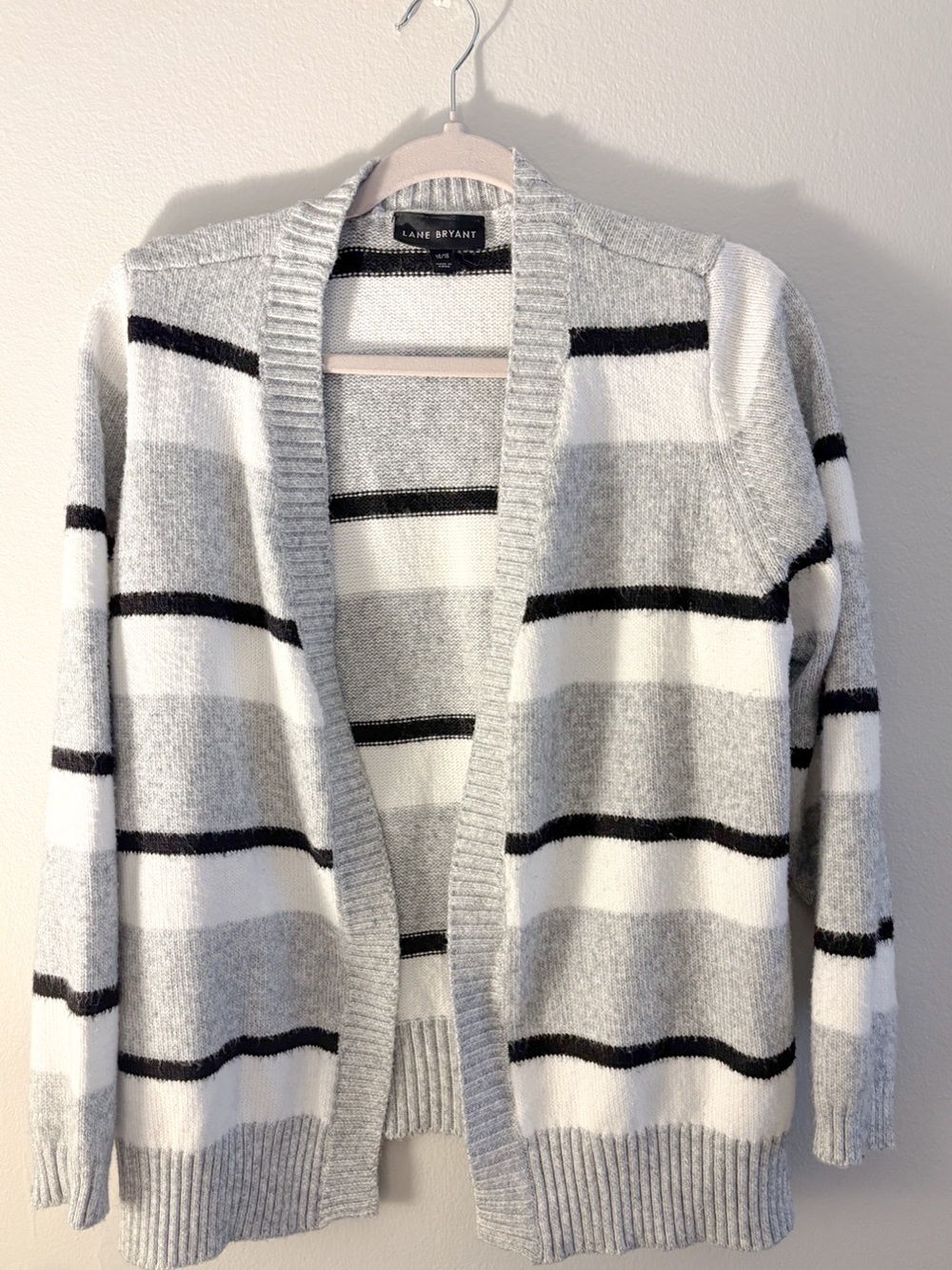 Lane Bryant Gray, White & Black Striped Open-Front Cardigan